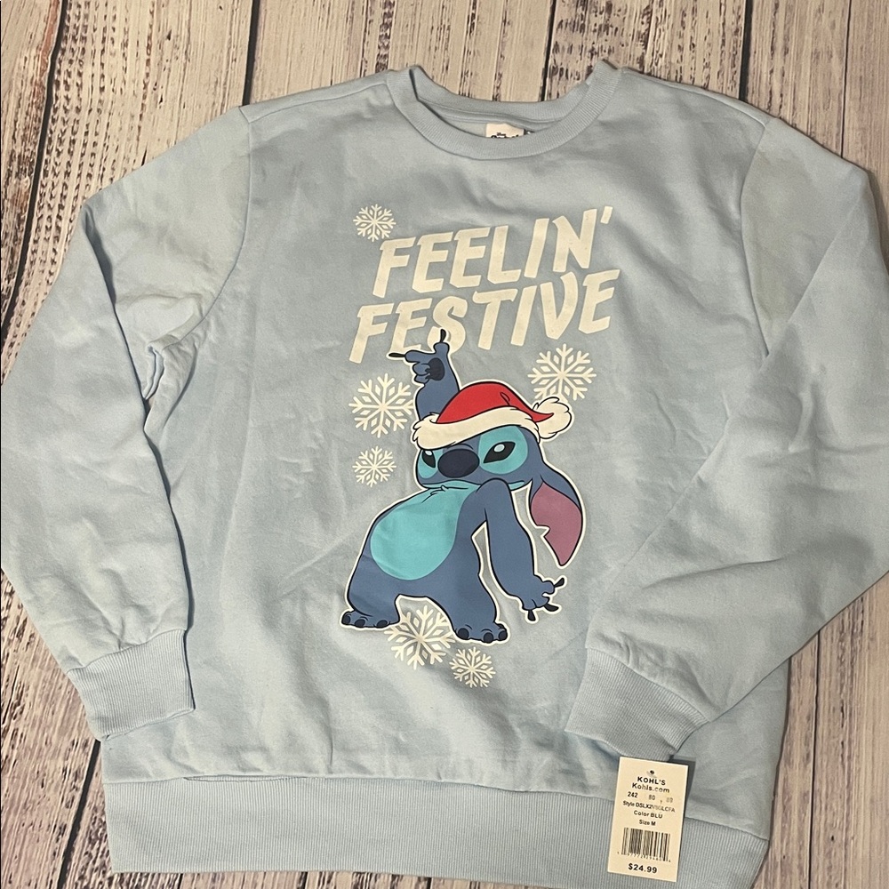 Stitch Disney Christmas Sweatshirt Womens Medium Light Blue NWT
